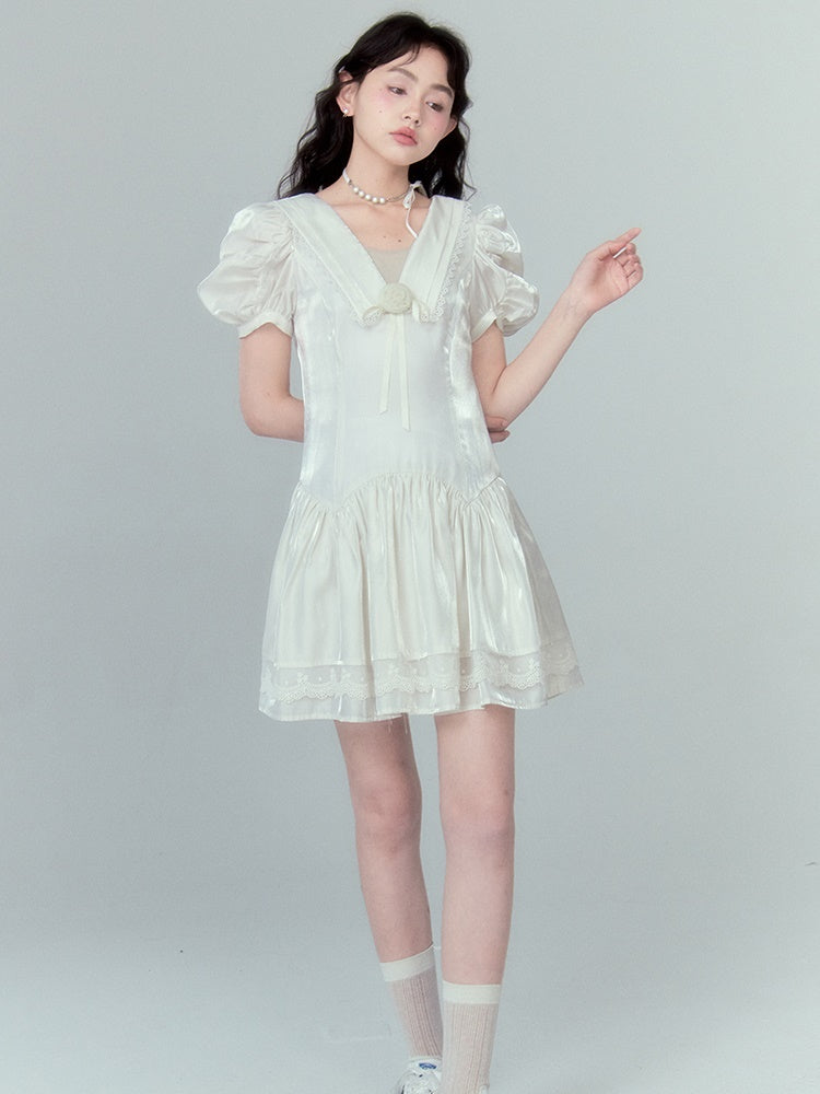 Rose Streamer Puff Sleeve V-Neck Dress - sneakershuborg