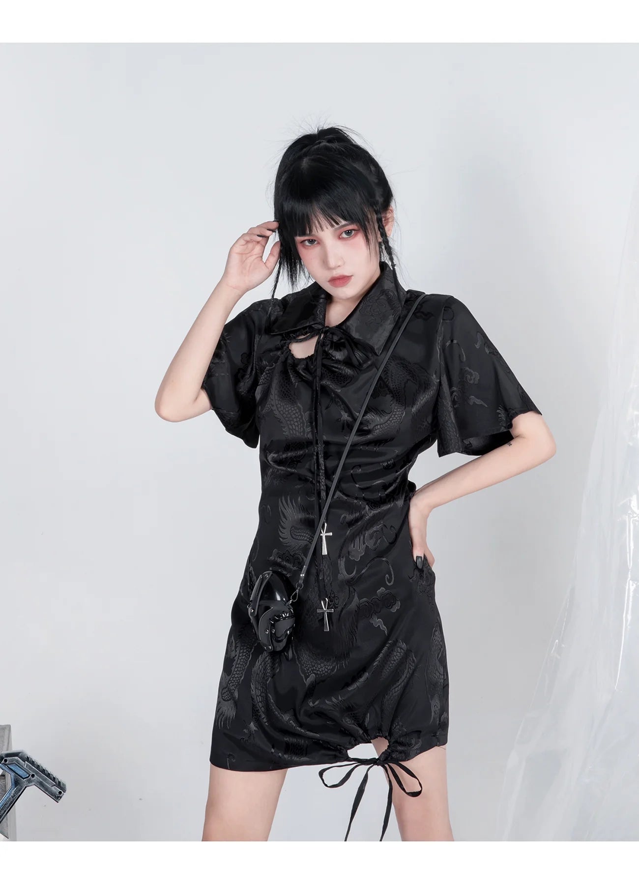 Yubaby Gothic Cheongsam Mini Dress - Black Satin With Dragon Print, Cross Charms, And Asymmetric Hem - sneakershuborg