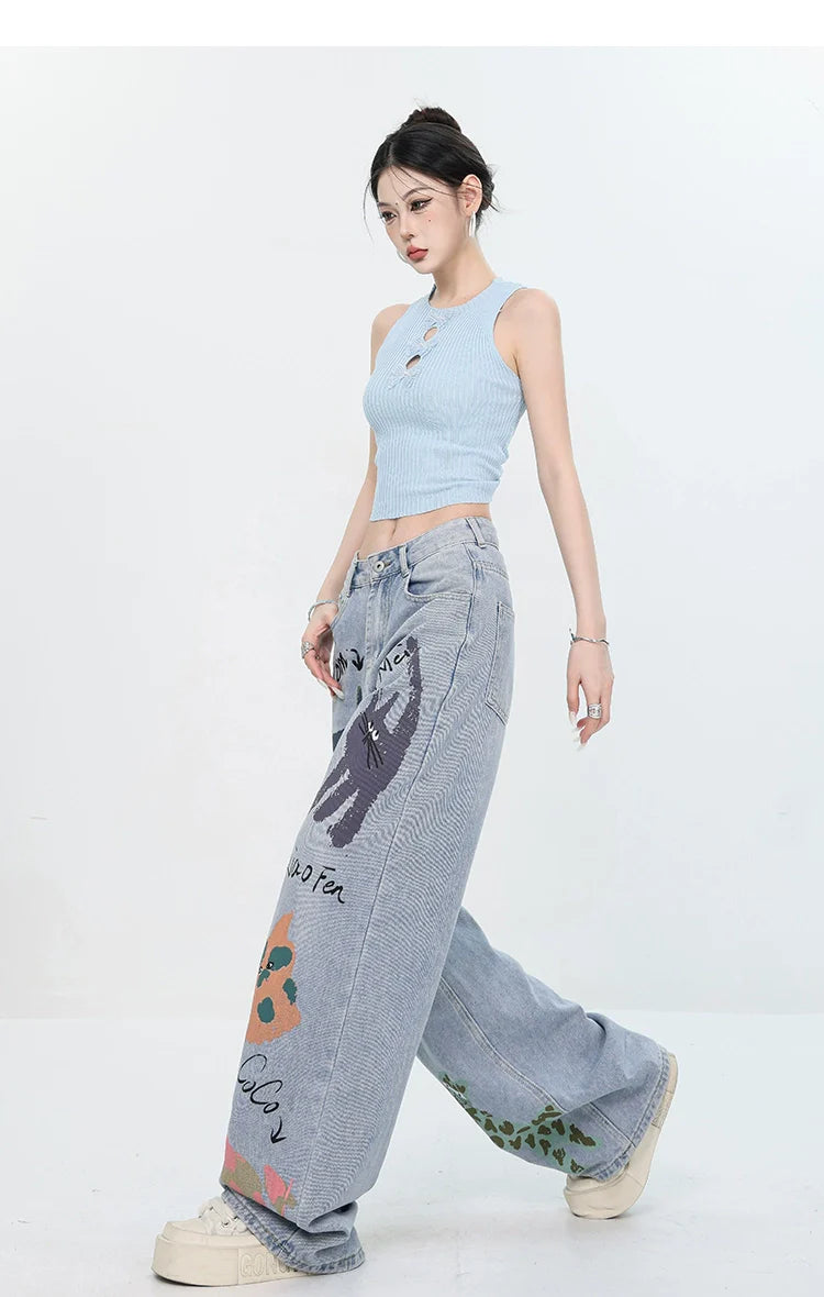 ABWEAR Whimsical Critter Doodle Wide-Leg Jeans sneakershuborg