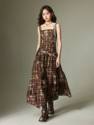 Adjustable Plaid Strap Dress - Retro-Inspired Fashion - sneakershuborg