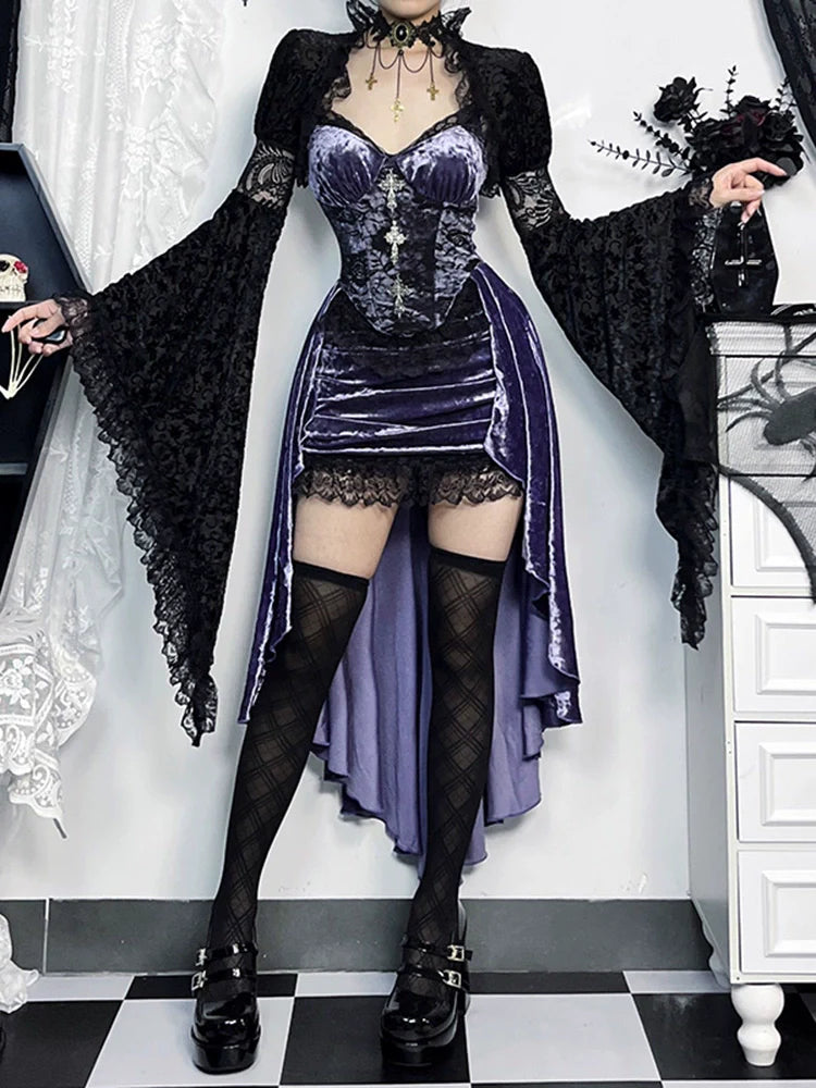 Wannathis Gothic Velvet Corset Dress Set - Purple High-Low Gown With Lace Trim And Black Lace Bolero - sneakershuborg