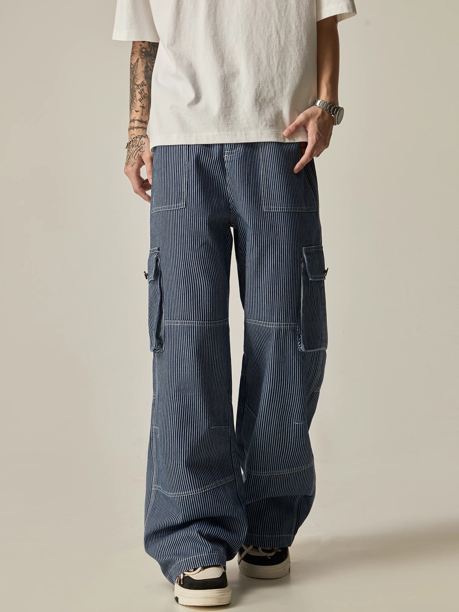 Pinstriped Wide-Leg Cargo Utility Pants sneakershuborg