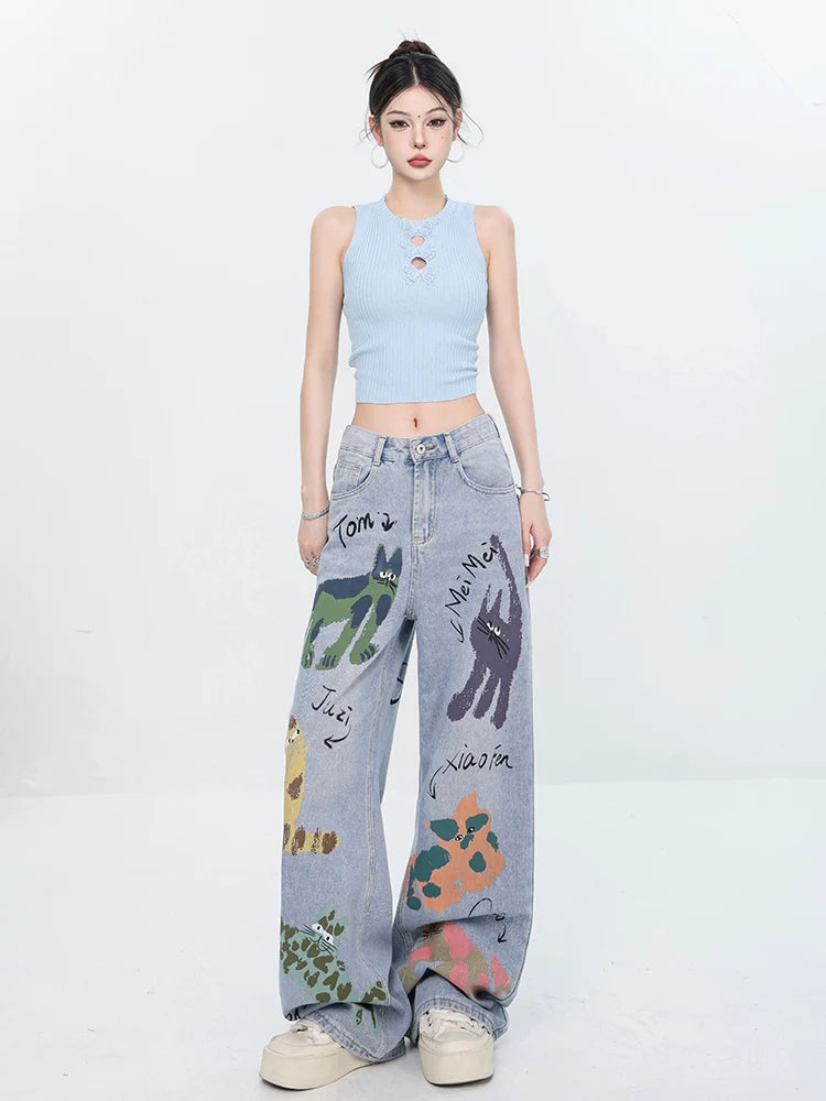 ABWEAR Whimsical Critter Doodle Wide-Leg Jeans sneakershuborg