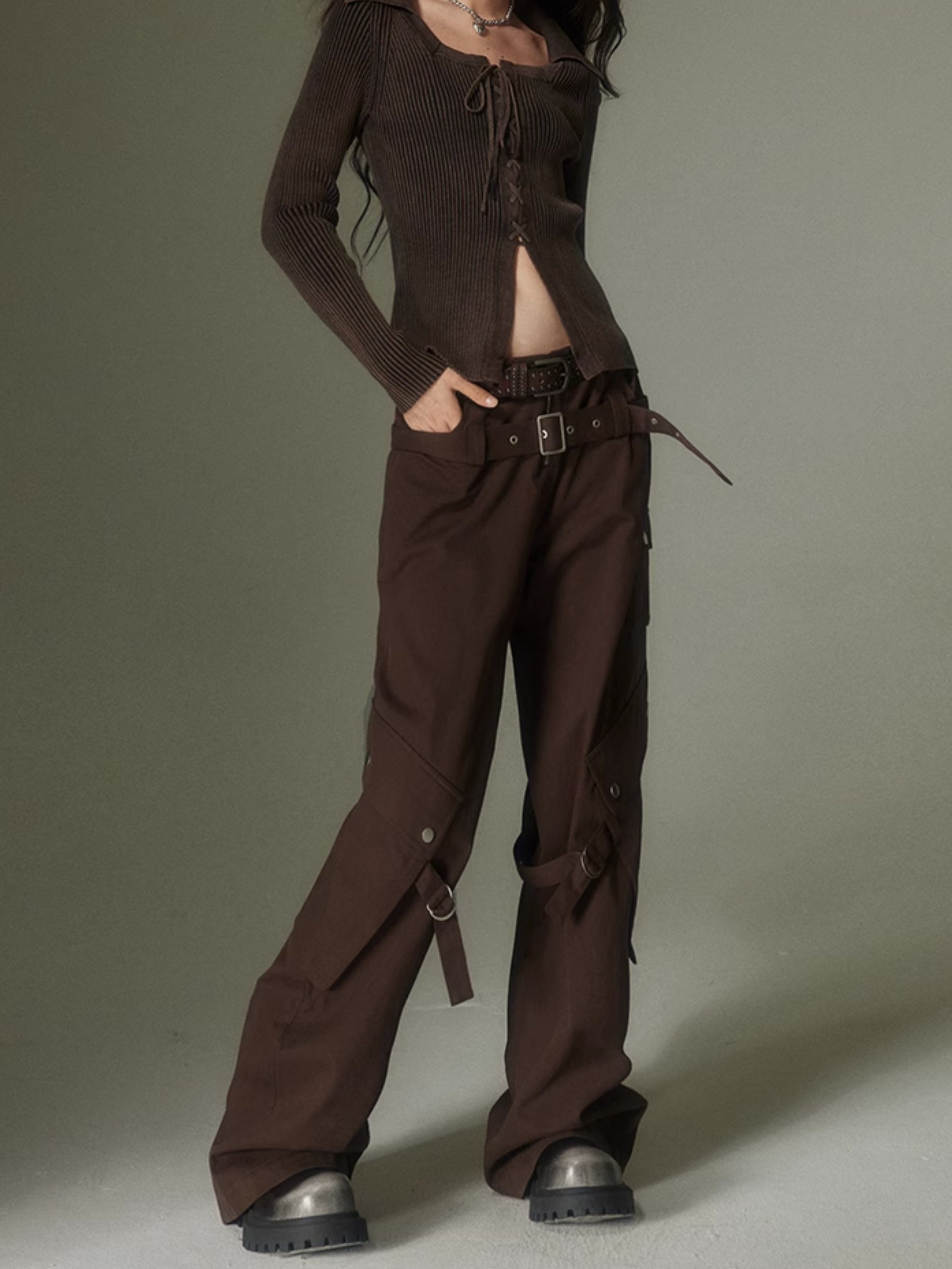 Wide Leg Double Belted Straight Fit Trousers - sneakershuborg