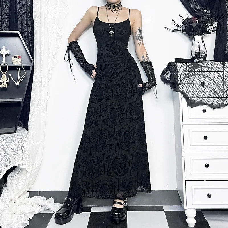 Wannathis Gothic Velvet Maxi Dress - Black Spaghetti Strap Burnout Gown With Lace-Up Arm Warmers - sneakershuborg