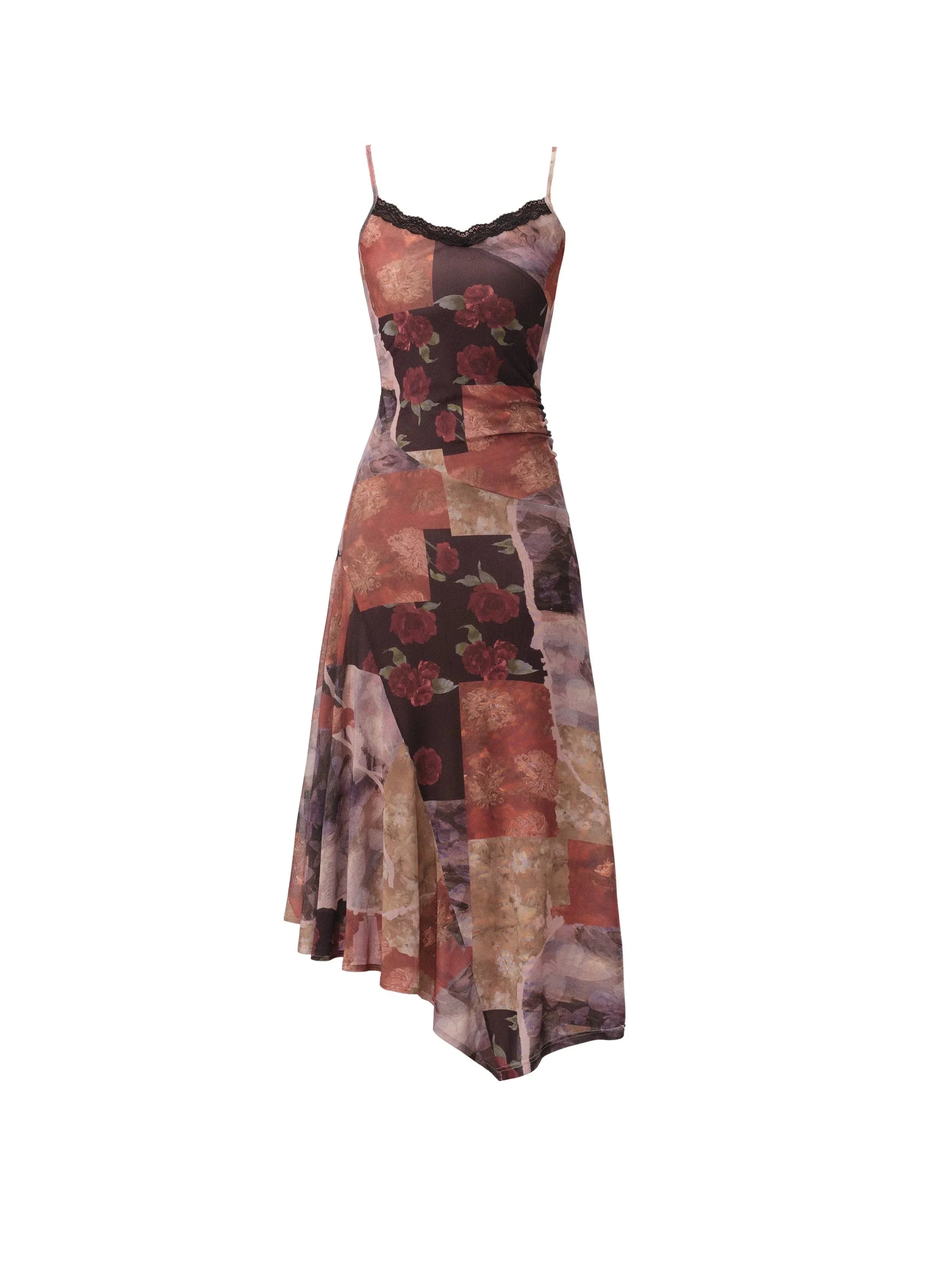 Romantic Patchwork Midi Dress: Lace-Trimmed Asymmetric Hem in Autumn Floral Print - sneakershuborg