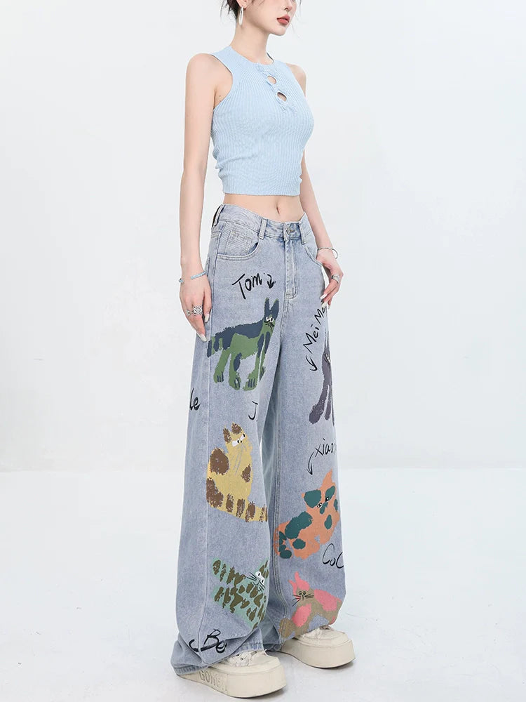 ABWEAR Whimsical Critter Doodle Wide-Leg Jeans sneakershuborg