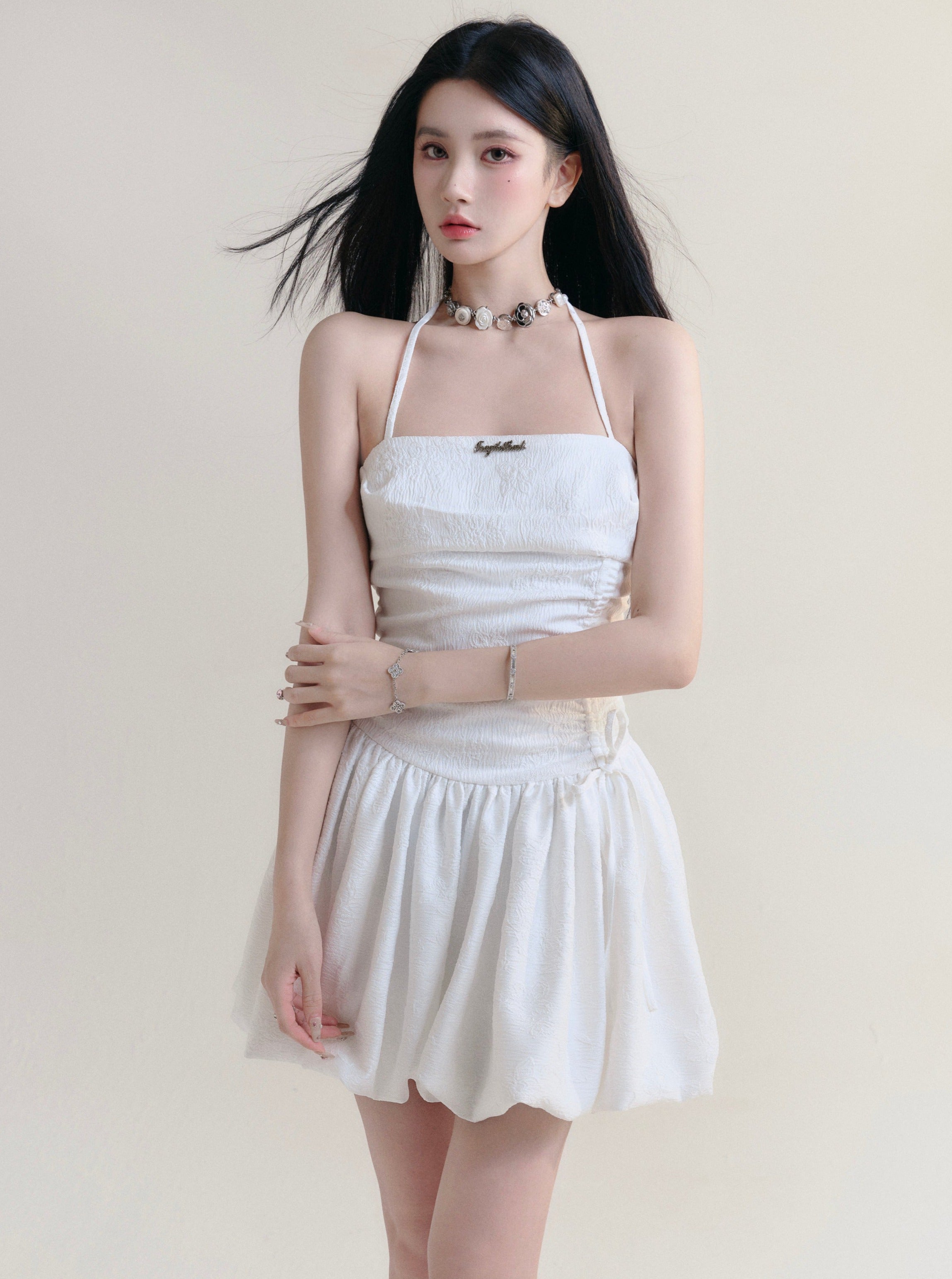 Angelic White Halter Mini Sundress with Ruched Bodice sneakershuborg