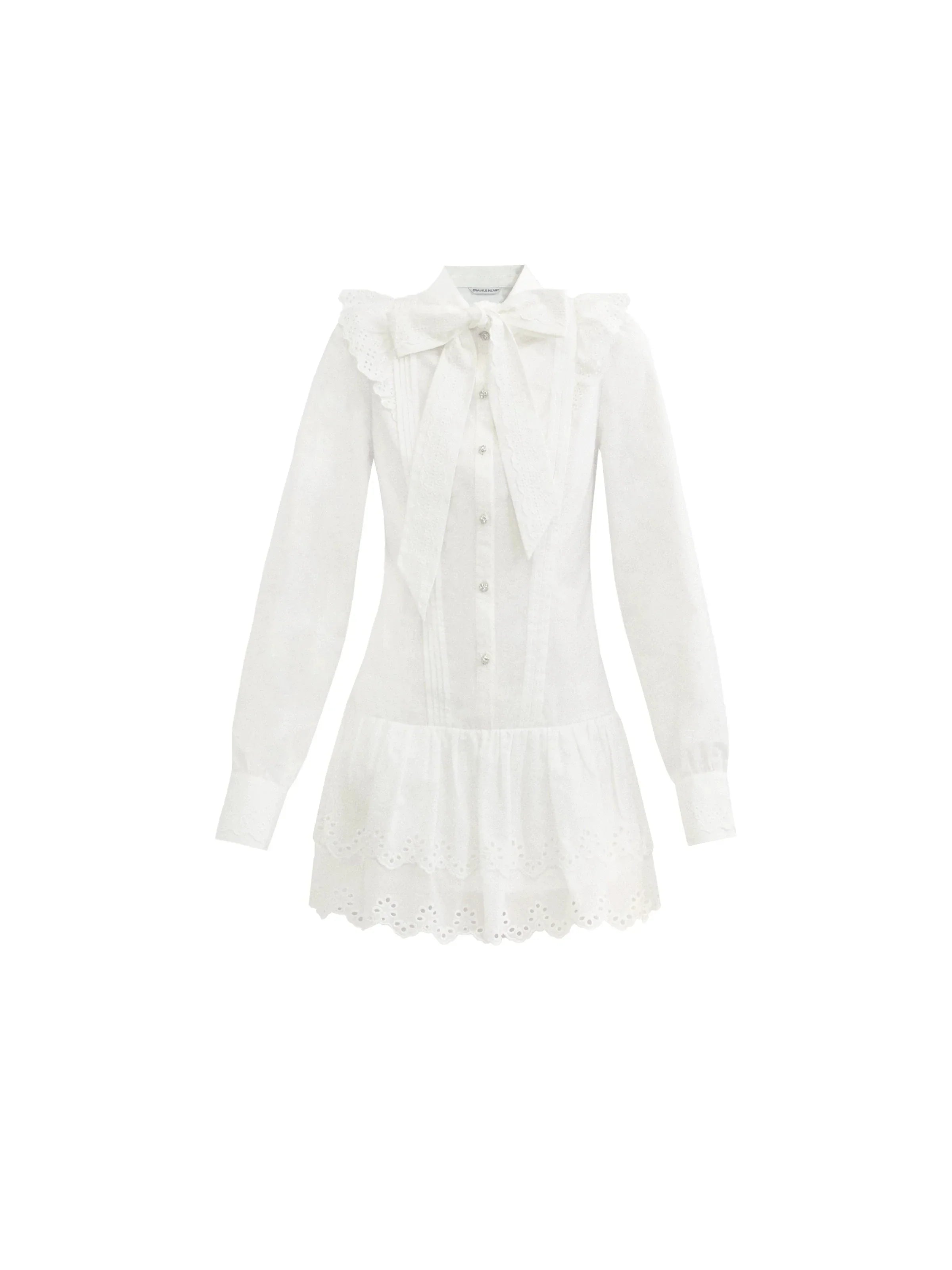 Romantic White Lace Mini Dress with Bow Tie Collar and Scalloped Hem sneakershuborg