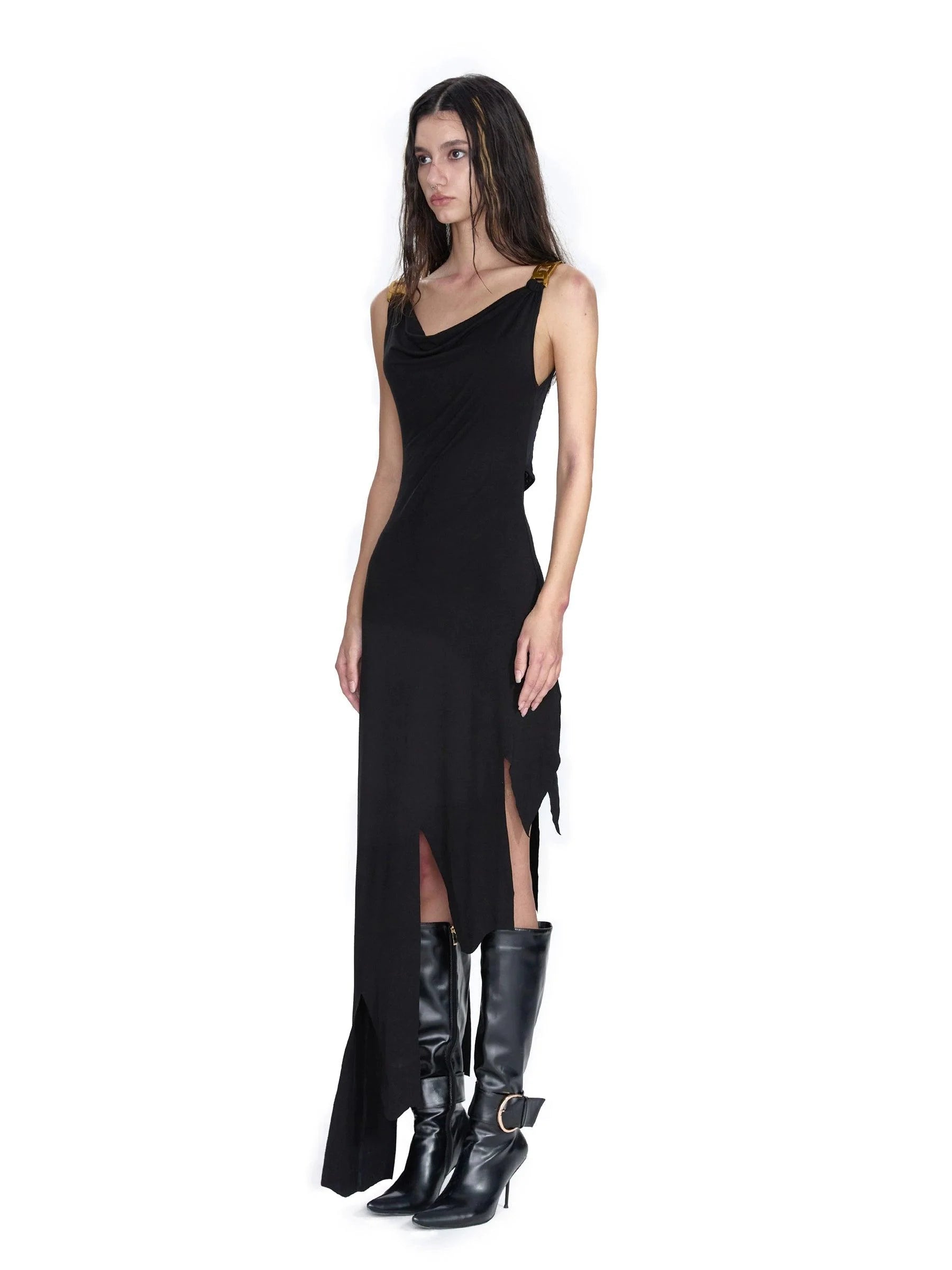 24Ans  Black Lace Bodice Asymmetric Maxi Dress - Women'S Sleeveless Evening Gown With Fringe Hem - sneakershuborg