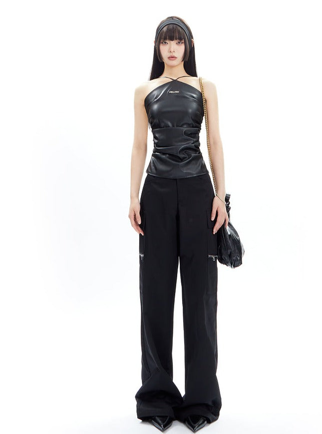 Wide-Leg Cargo Pants with Collar Waistband sneakershuborg