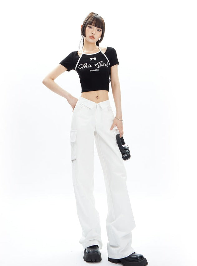 Wide-Leg Cargo Pants with Collar Waistband sneakershuborg