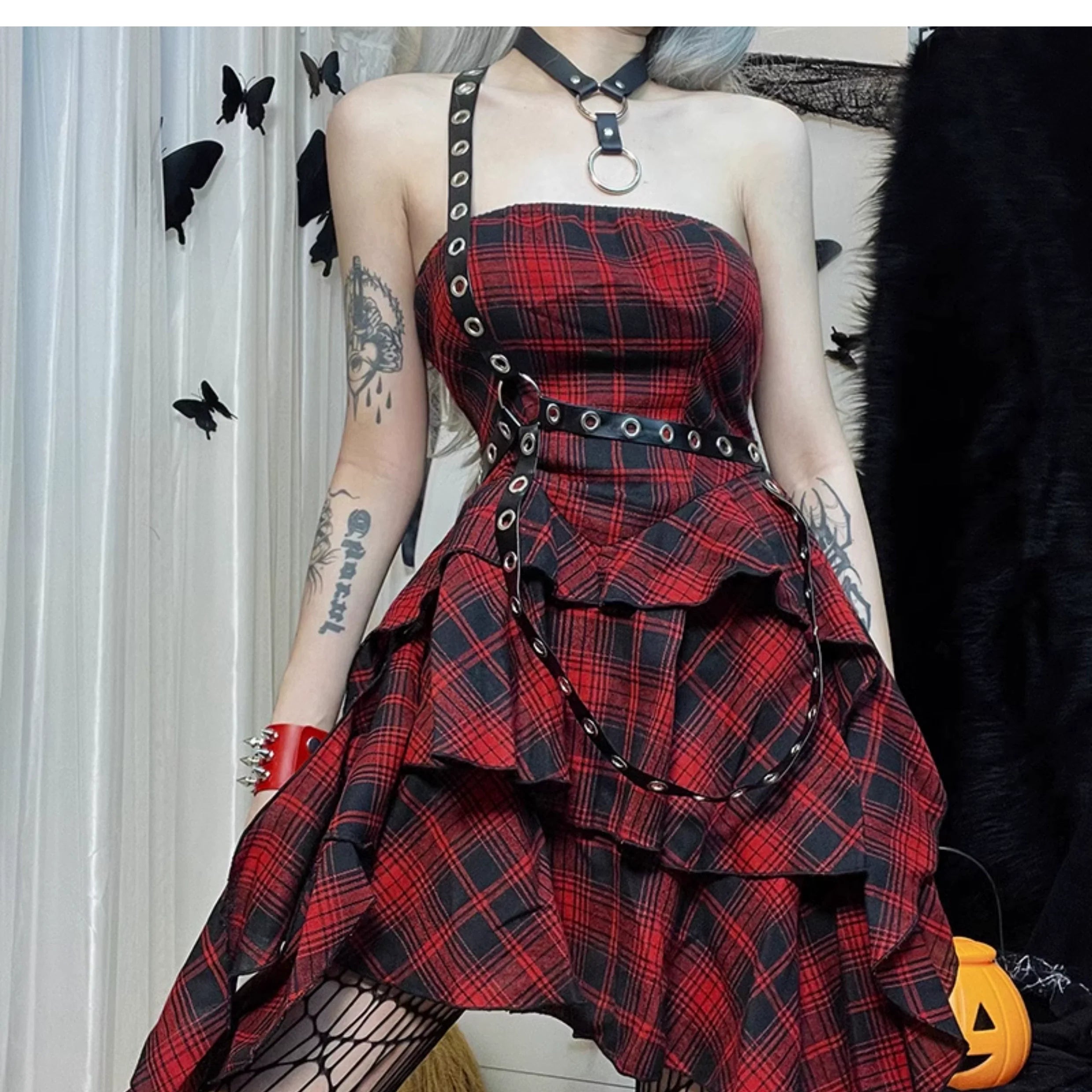 Wannathis Punk Tartan Mini Dress - Red Plaid Ruffle Tiered Goth Dress With Studded Harness - sneakershuborg