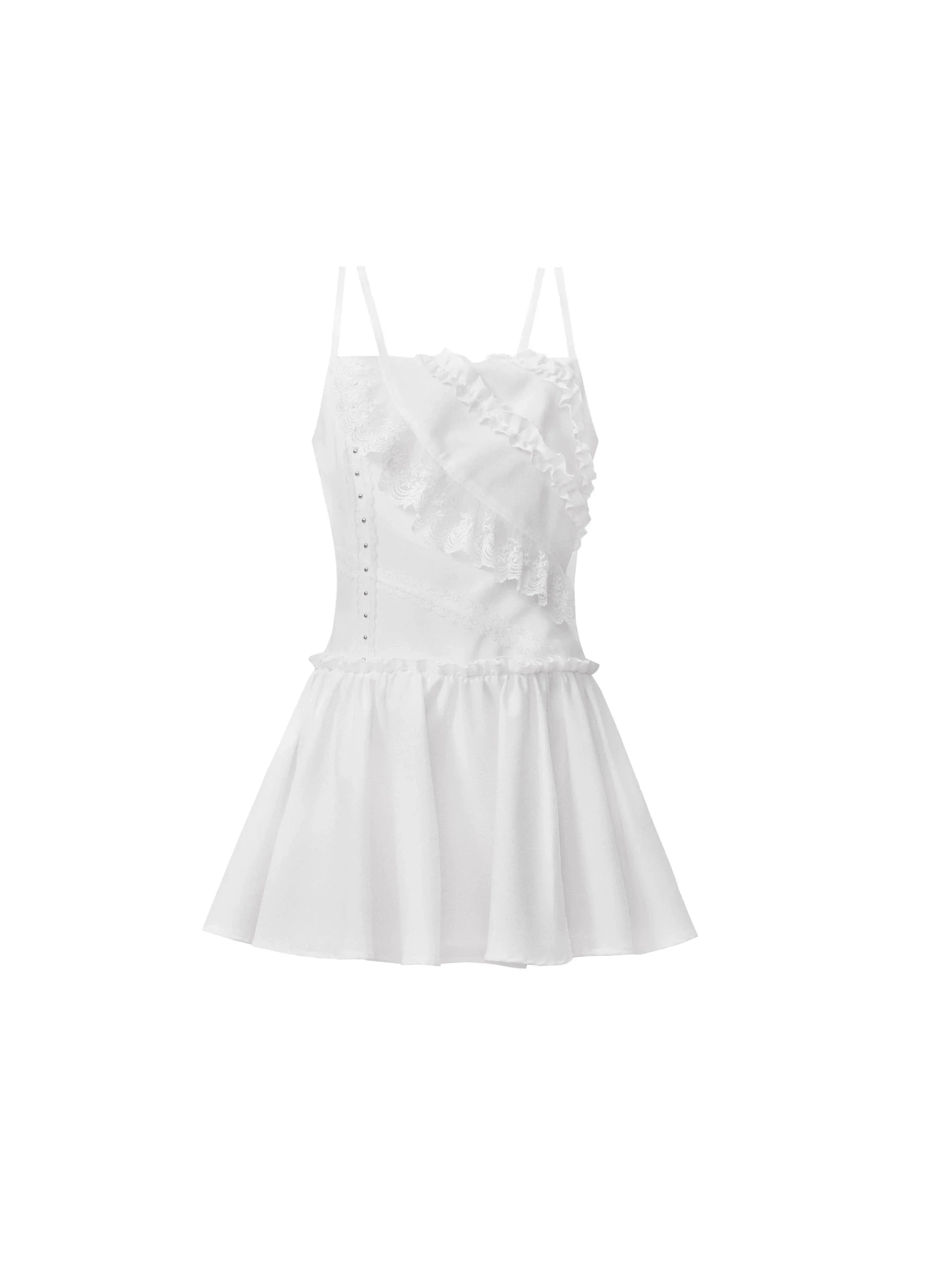 Romantic Eyelet Lace Mini Dress - White Summer Spaghetti Strap Sundress sneakershuborg