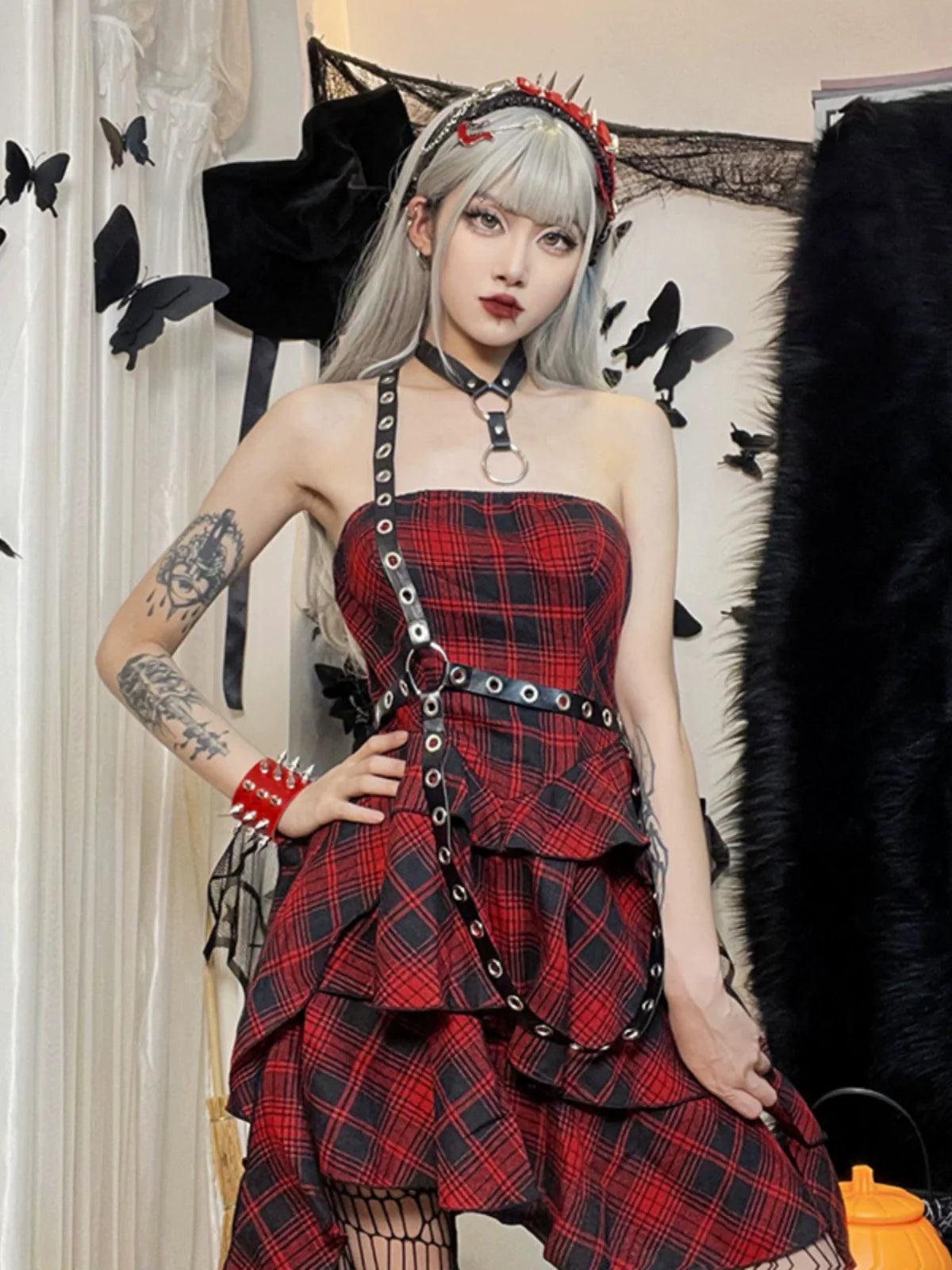 Wannathis Punk Tartan Mini Dress - Red Plaid Ruffle Tiered Goth Dress With Studded Harness - sneakershuborg