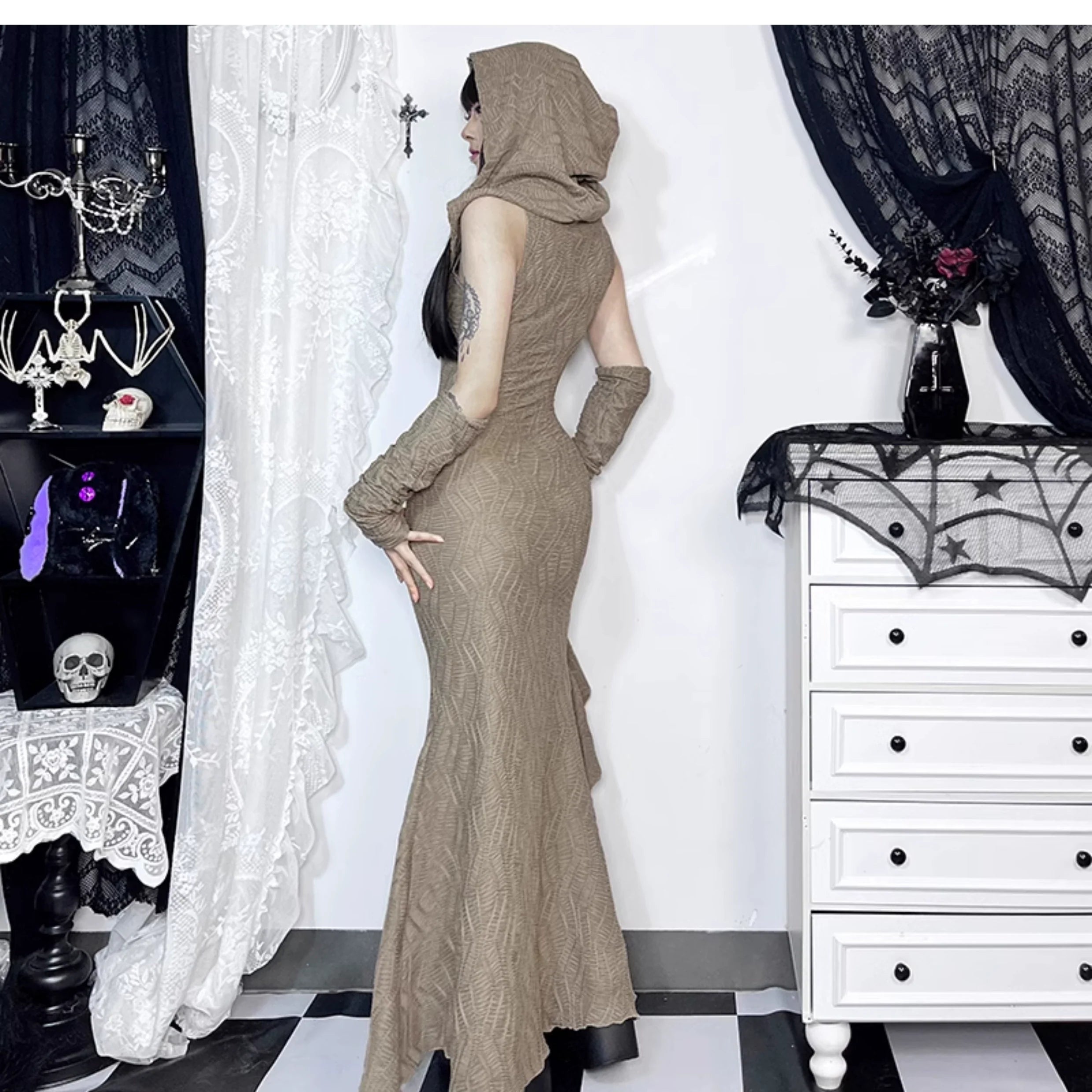 Wannathis Avant-Garde Hooded Maxi Dress - Taupe Cold Shoulder Gown With Ruffle Detail - sneakershuborg