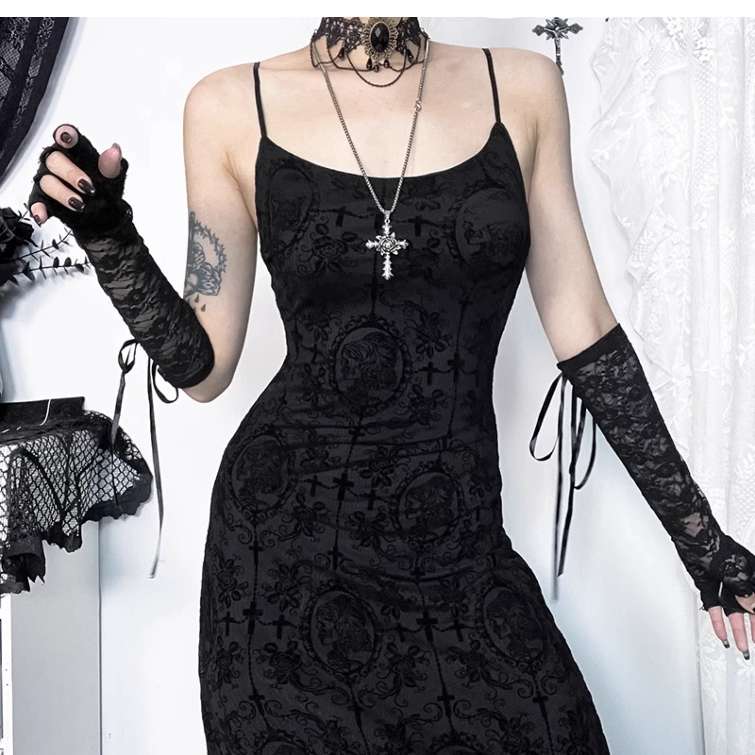 Wannathis Gothic Velvet Maxi Dress - Black Spaghetti Strap Burnout Gown With Lace-Up Arm Warmers - sneakershuborg