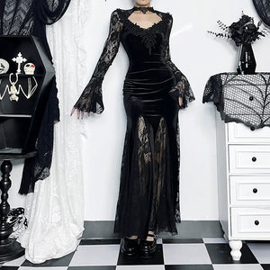 Wannathis Gothic Velvet Mermaid Gown - Long Sleeve Lace Floor-Length Dress With High Collar - sneakershuborg