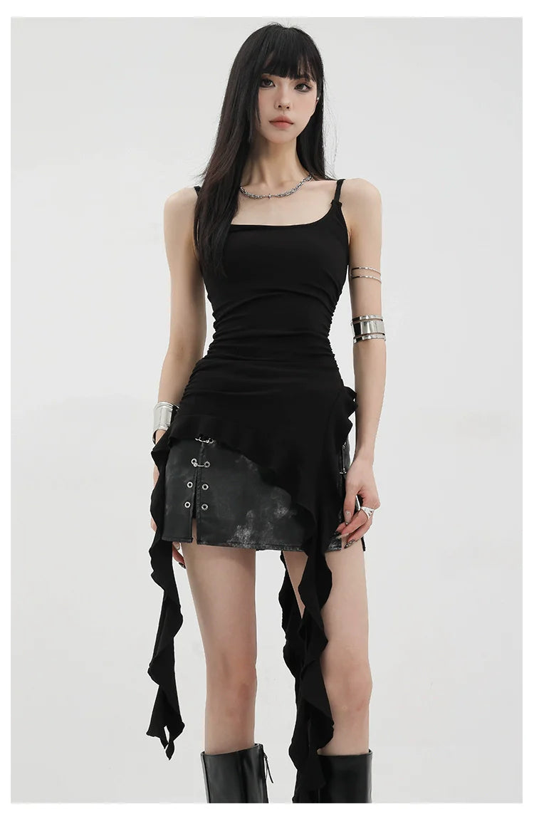 Black Asymmetric Ribbon Strap Tank Top With Ruffle Edge Design - sneakershuborg