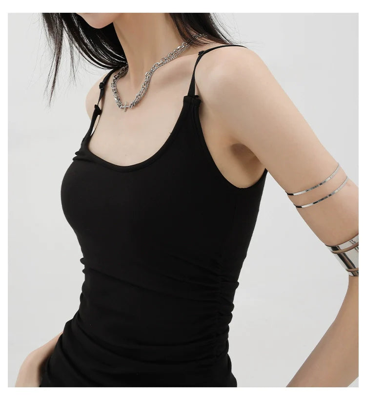 Black Asymmetric Ribbon Strap Tank Top With Ruffle Edge Design - sneakershuborg