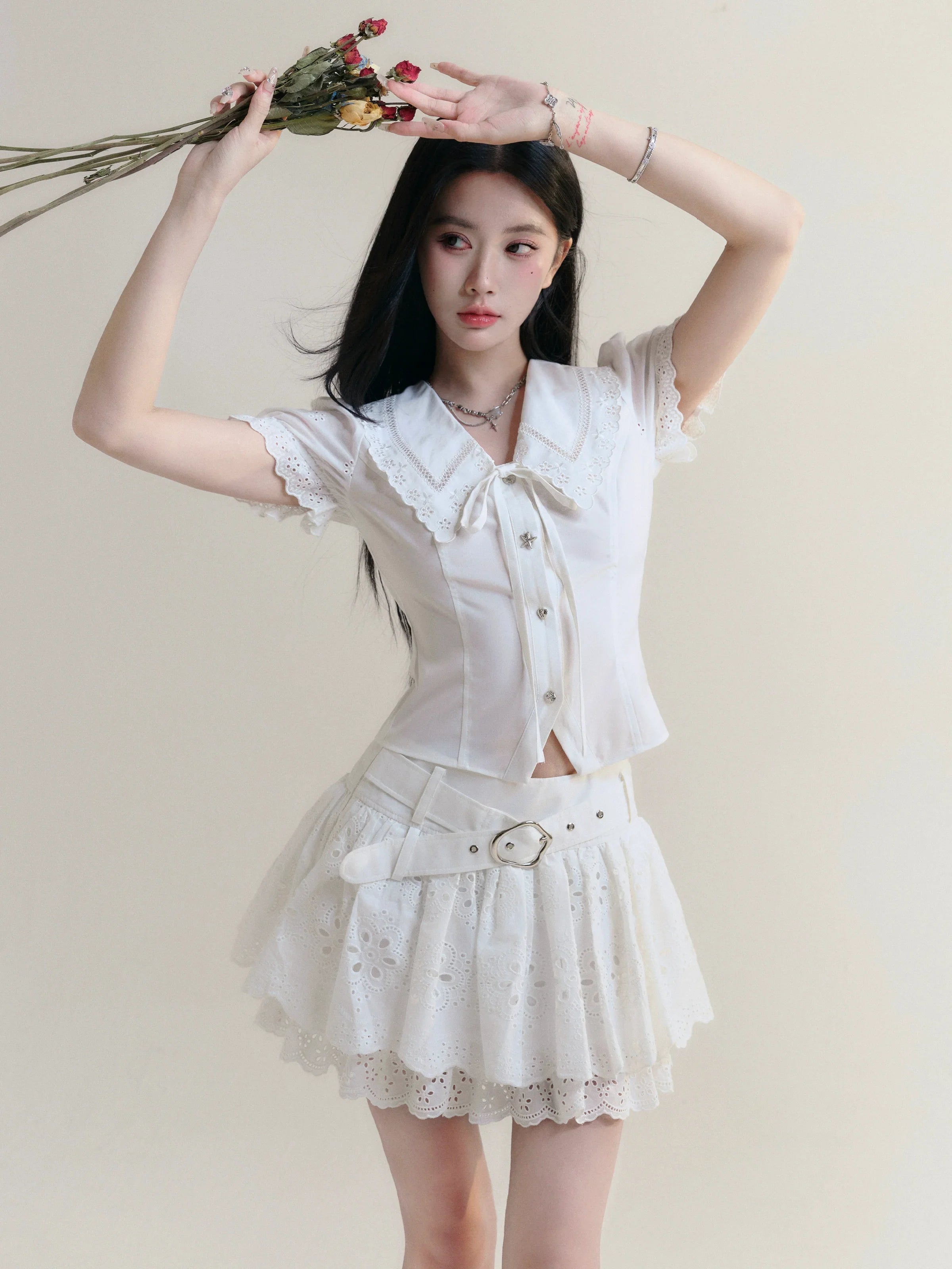 White Lace Collar Blouse and Eyelet Skirt Set sneakershuborg