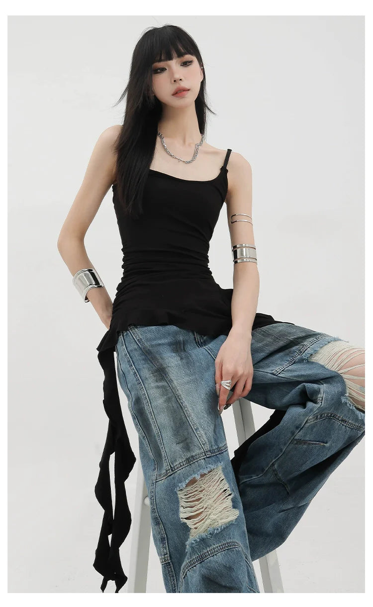 Black Asymmetric Ribbon Strap Tank Top With Ruffle Edge Design - sneakershuborg