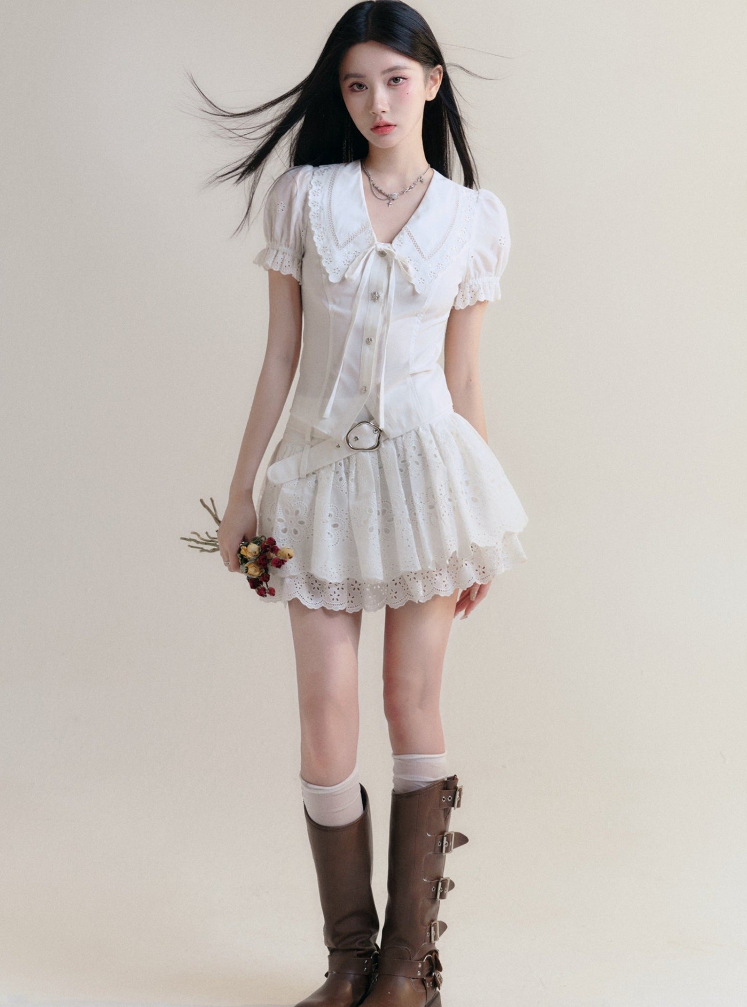 White Lace Collar Blouse and Eyelet Skirt Set sneakershuborg