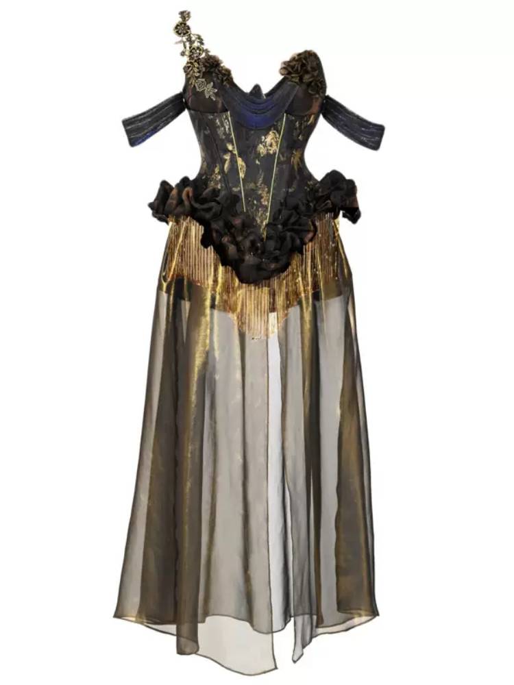 Victorian Steampunk Corset Dress - Gold Satin Gothic Ball Gown sneakershuborg