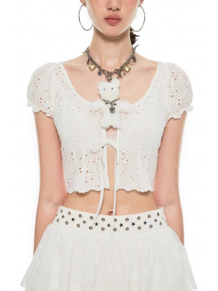 1Jin White Eyelet Lace-Up Crop Top - Women'S Puff Sleeve Ruffle Hem Top - sneakershuborg