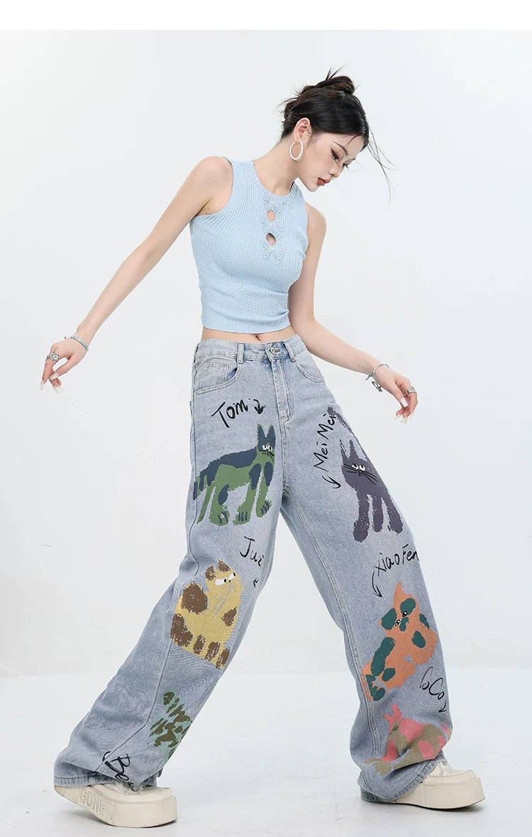 ABWEAR Whimsical Critter Doodle Wide-Leg Jeans sneakershuborg