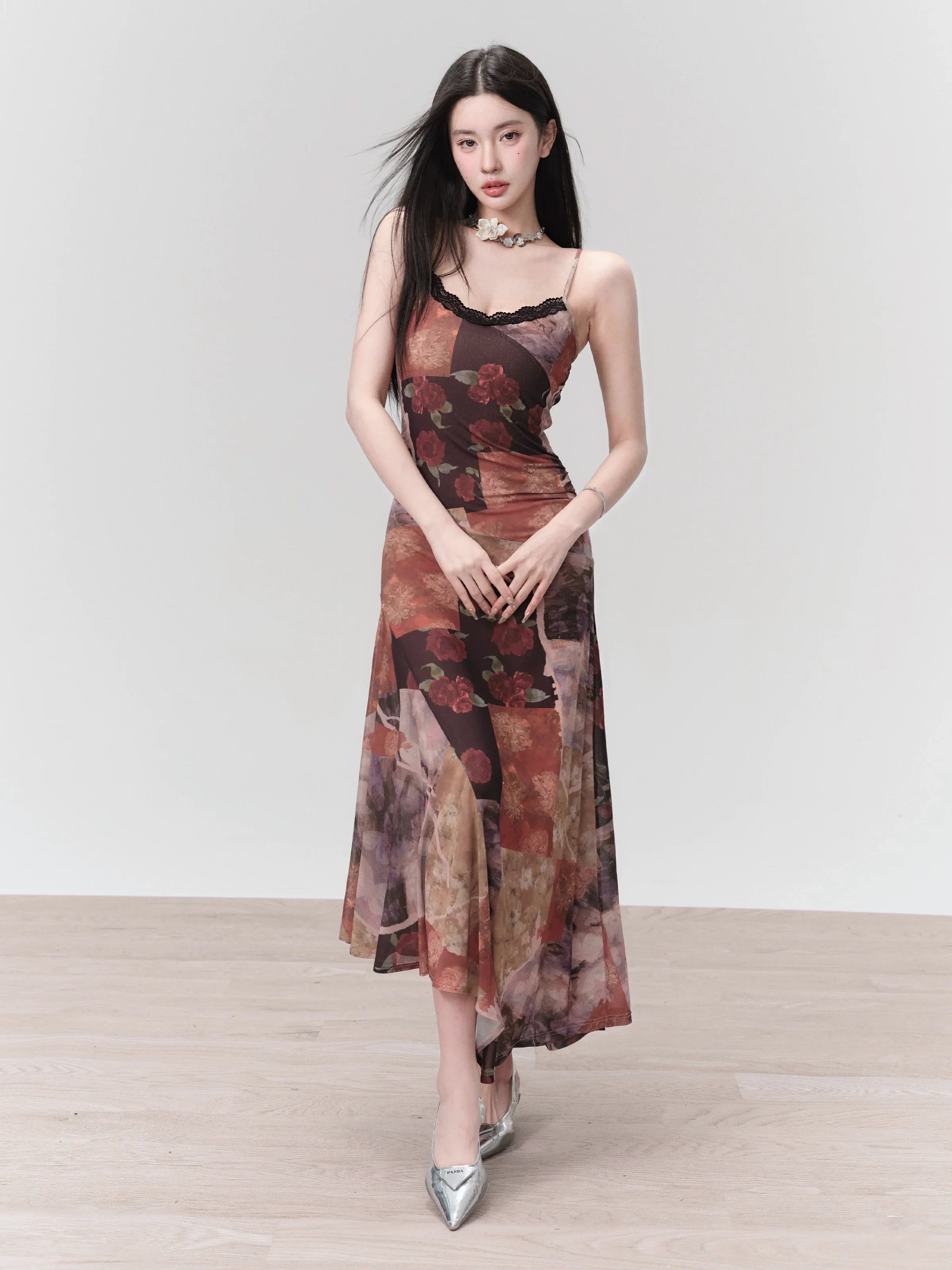 Romantic Patchwork Midi Dress: Lace-Trimmed Asymmetric Hem in Autumn Floral Print - sneakershuborg