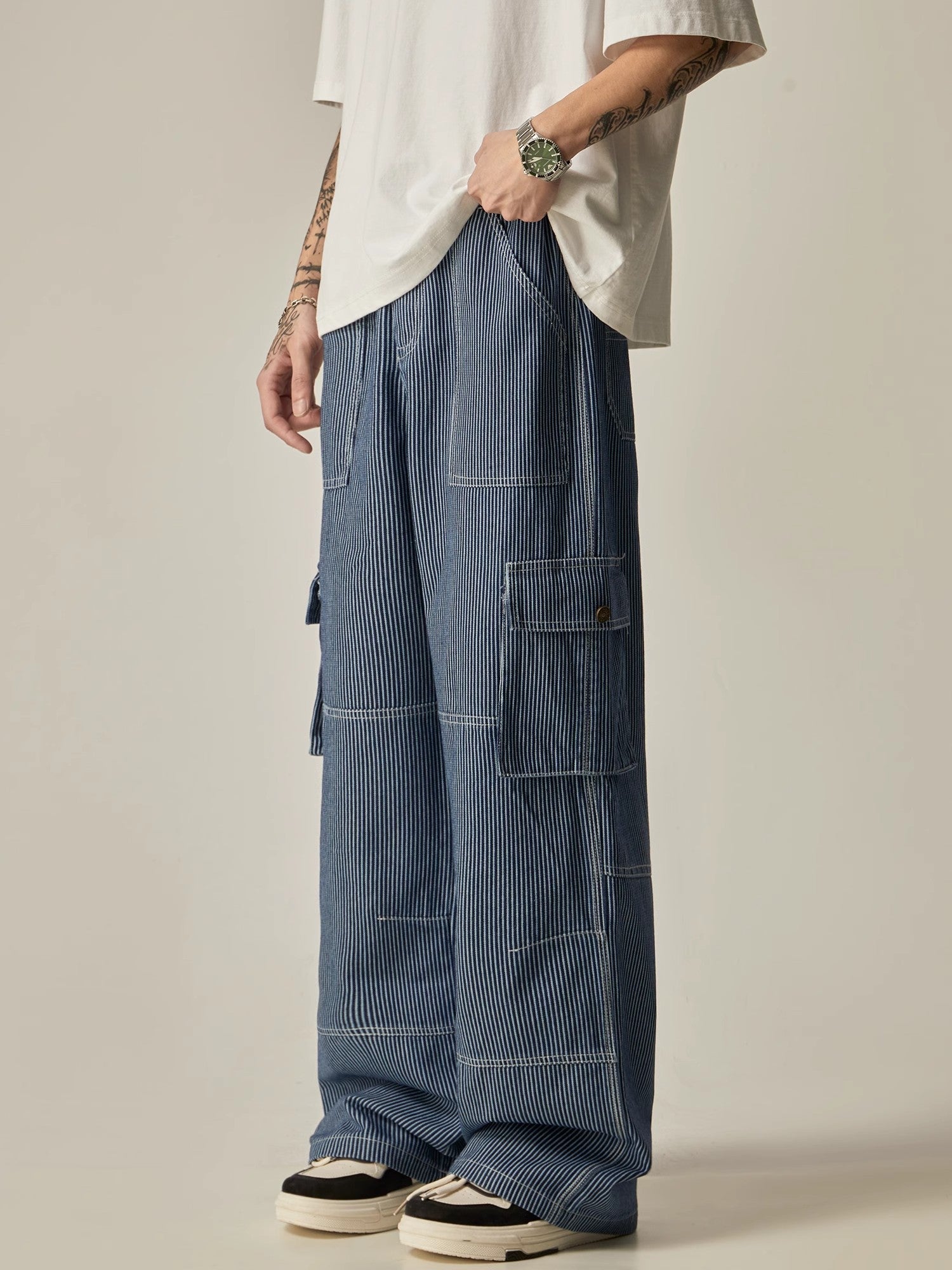 Pinstriped Wide-Leg Cargo Utility Pants sneakershuborg