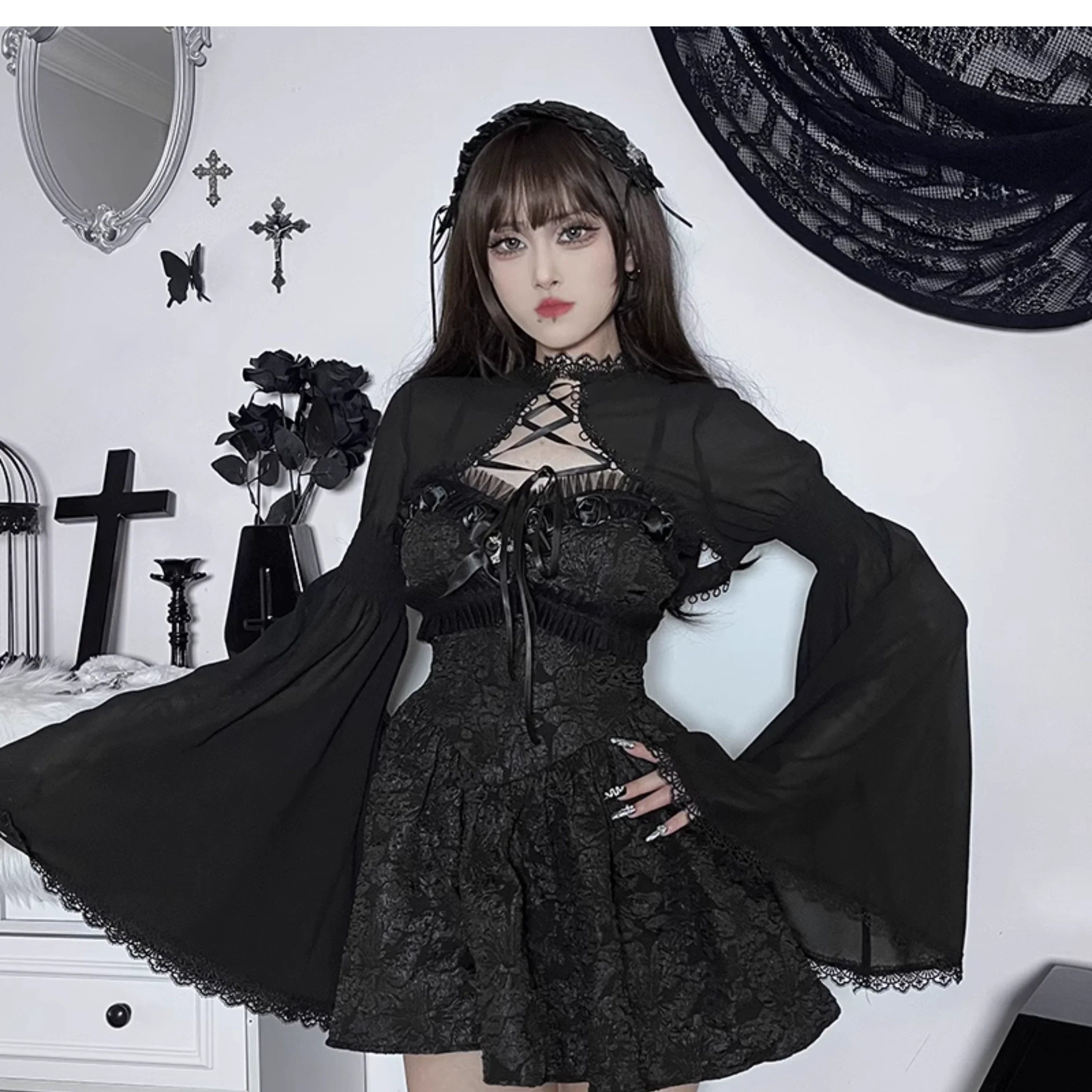 Wannathis Gothic Lolita Dress Set - Black Corset Mini Dress With Lace Bolero And Gloves - sneakershuborg