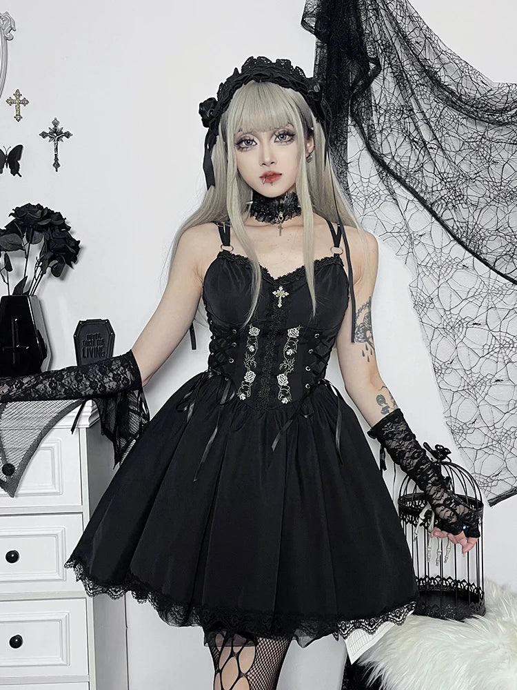 Wannathis Gothic Lolita Dress Set - Black Corset Mini Dress With Lace Bolero And Gloves - sneakershuborg