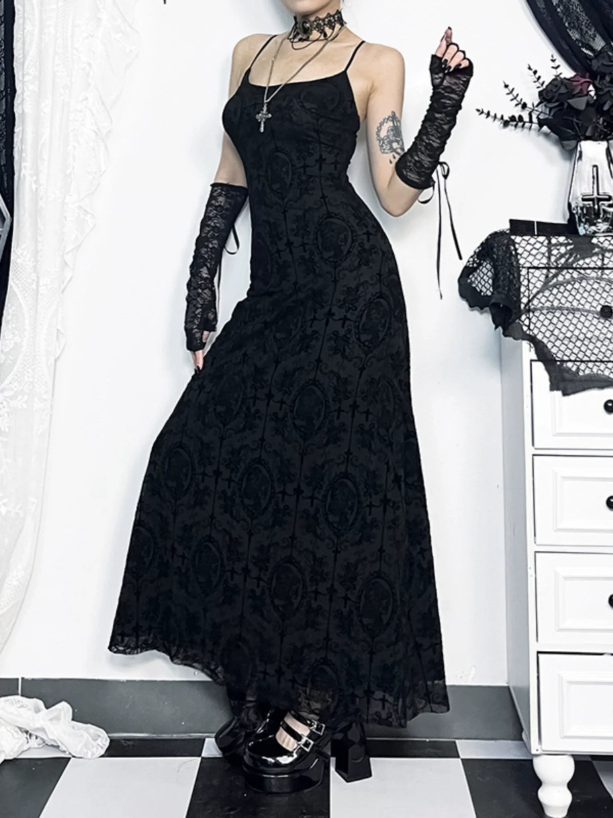 Wannathis Gothic Velvet Maxi Dress - Black Spaghetti Strap Burnout Gown With Lace-Up Arm Warmers - sneakershuborg