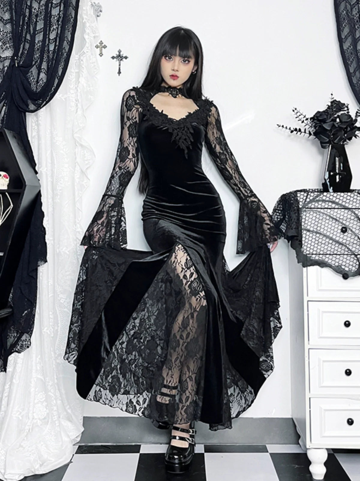 Wannathis Gothic Velvet Mermaid Gown - Long Sleeve Lace Floor-Length Dress With High Collar - sneakershuborg