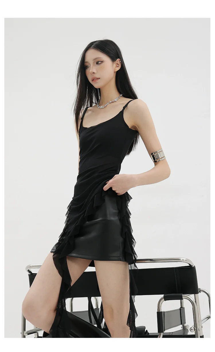 Black Asymmetric Ribbon Strap Tank Top With Ruffle Edge Design - sneakershuborg