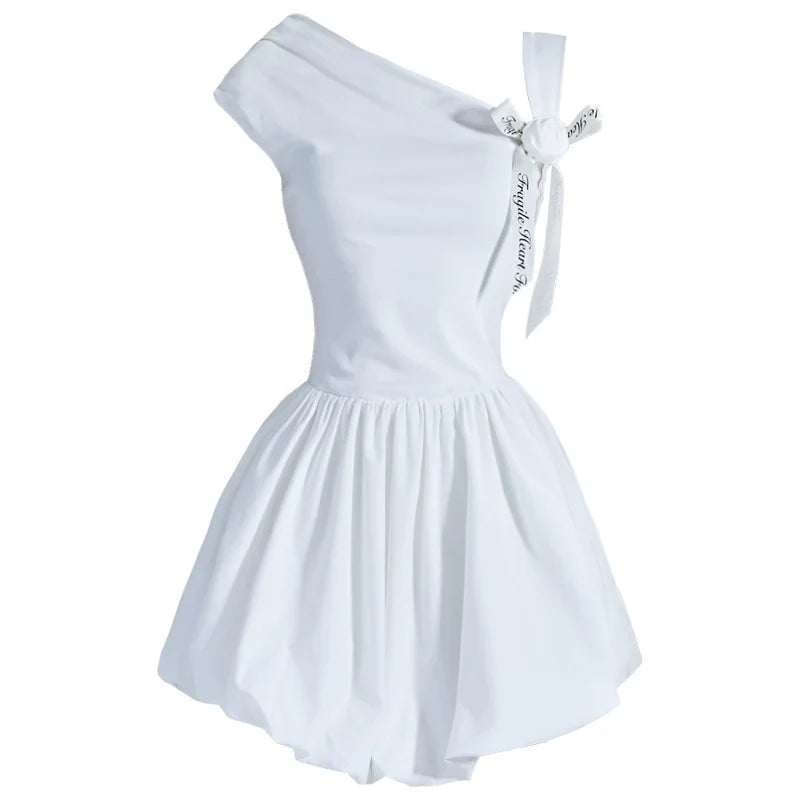 Angelic One-Shoulder White Ballerina Mini Dress with Bow Detail sneakershuborg