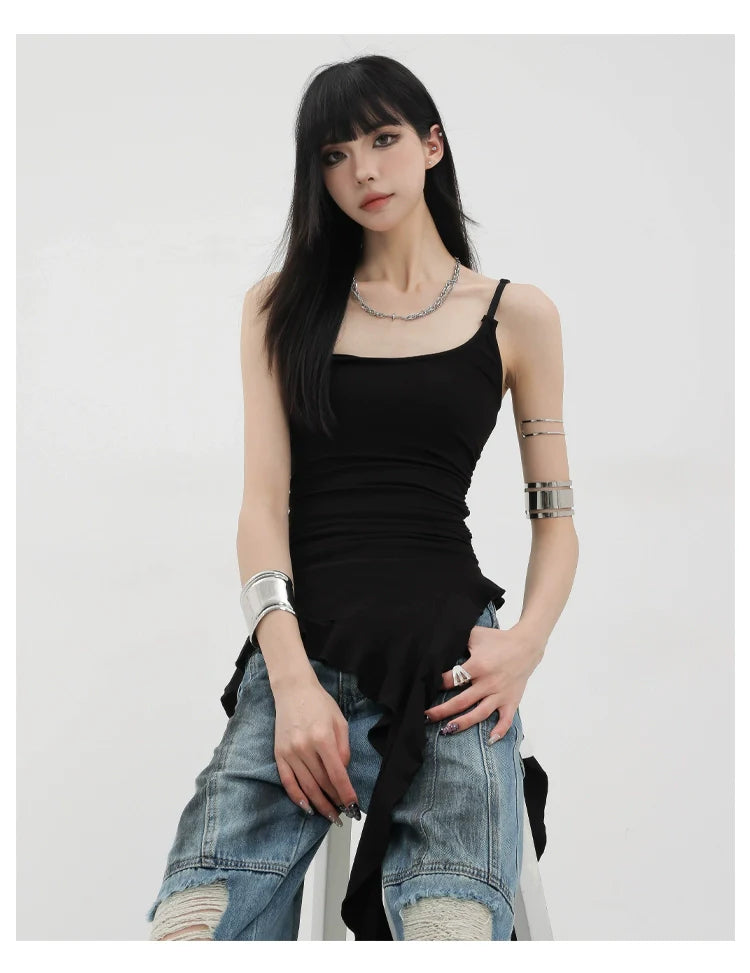 Black Asymmetric Ribbon Strap Tank Top With Ruffle Edge Design - sneakershuborg