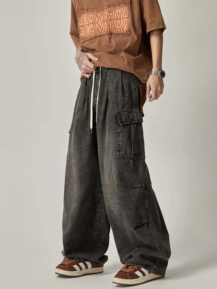 Wide-Leg Washed Black Cargo Jeans with Drawstring Waist sneakershuborg