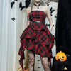 Wannathis Punk Tartan Mini Dress - Red Plaid Ruffle Tiered Goth Dress With Studded Harness - sneakershuborg