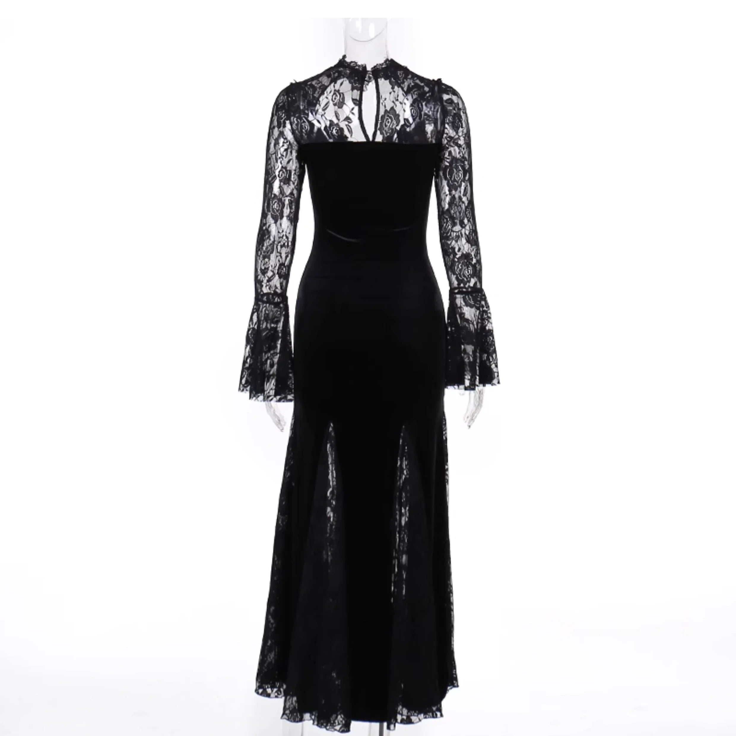 Wannathis Gothic Velvet Mermaid Gown - Long Sleeve Lace Floor-Length Dress With High Collar - sneakershuborg