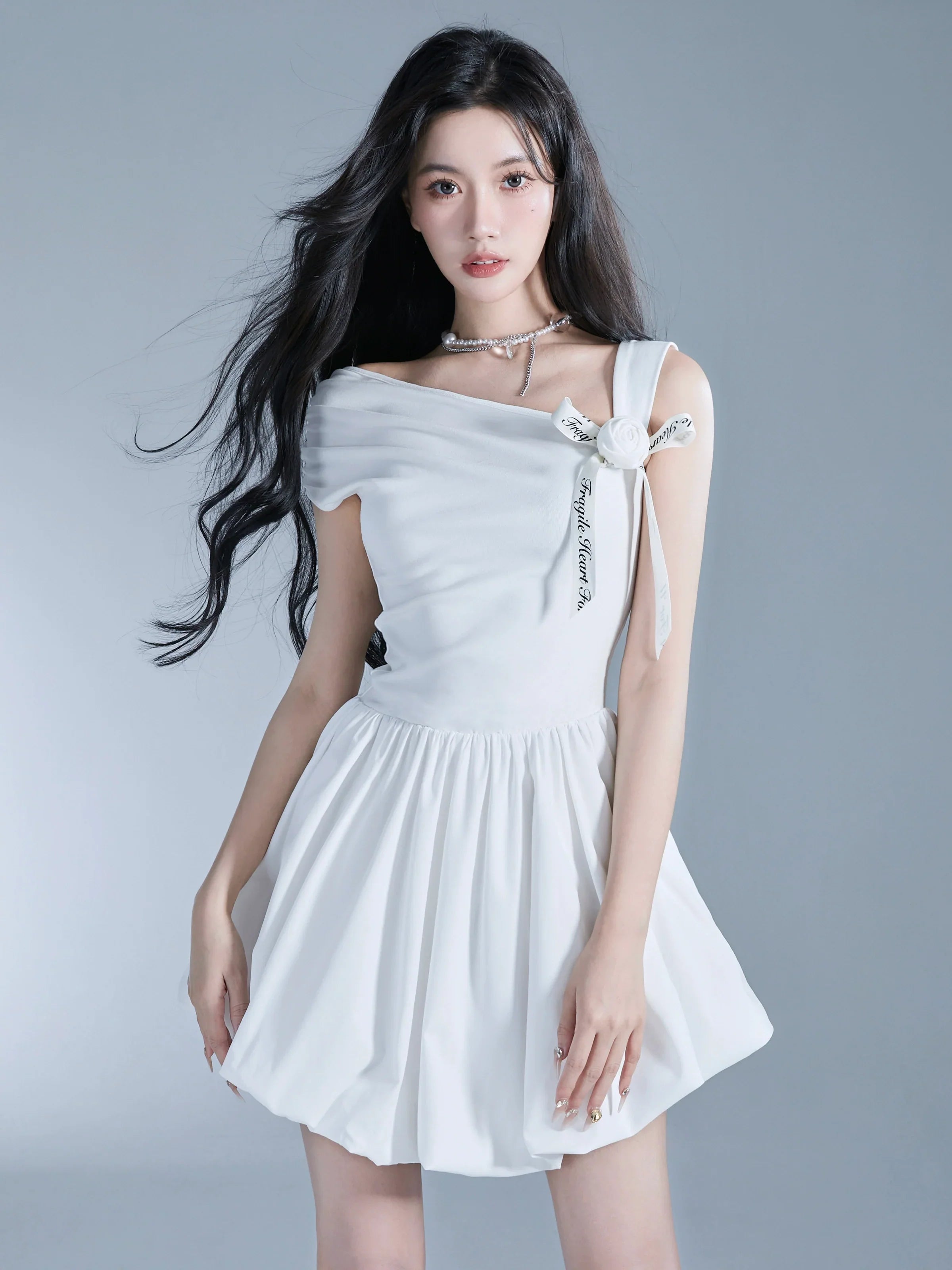 Angelic One-Shoulder White Ballerina Mini Dress with Bow Detail sneakershuborg