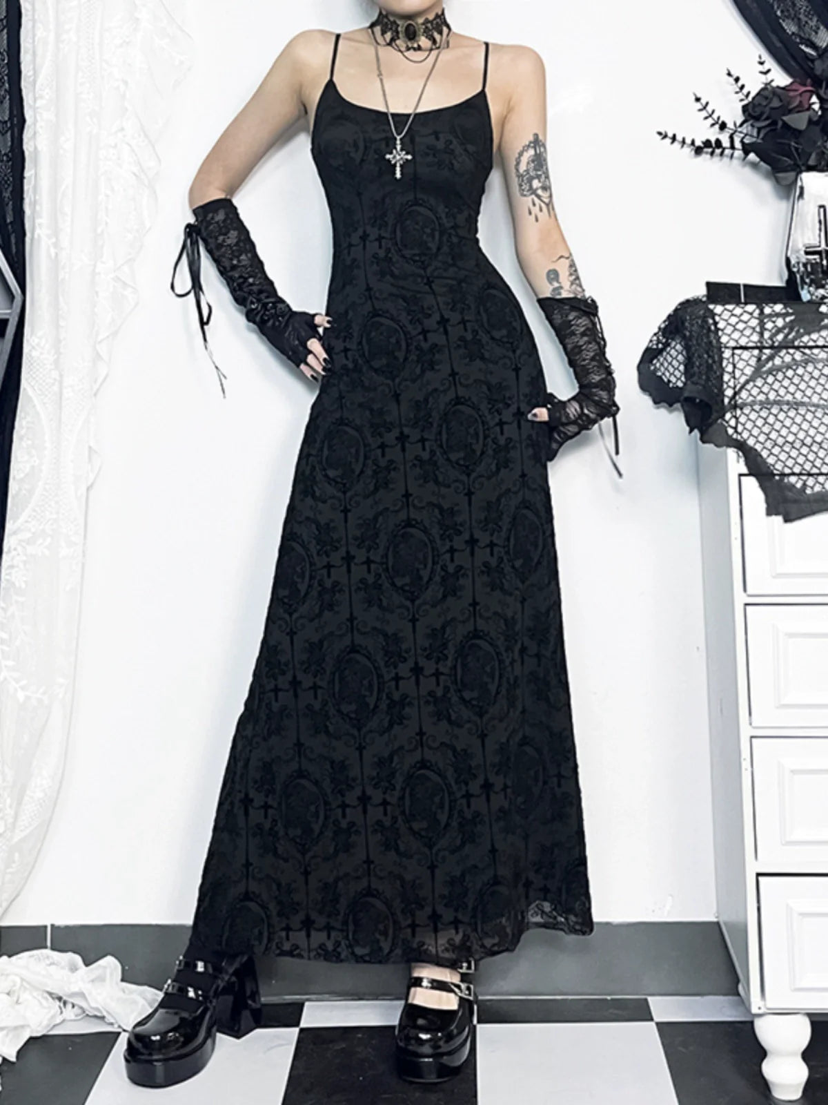 Wannathis Gothic Velvet Maxi Dress - Black Spaghetti Strap Burnout Gown With Lace-Up Arm Warmers - sneakershuborg