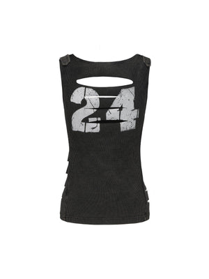 24Ans Distressed '24' Graphic Tank Top - Women'S Sleeveless Cut-Out Ribbed Jersey - sneakershuborg