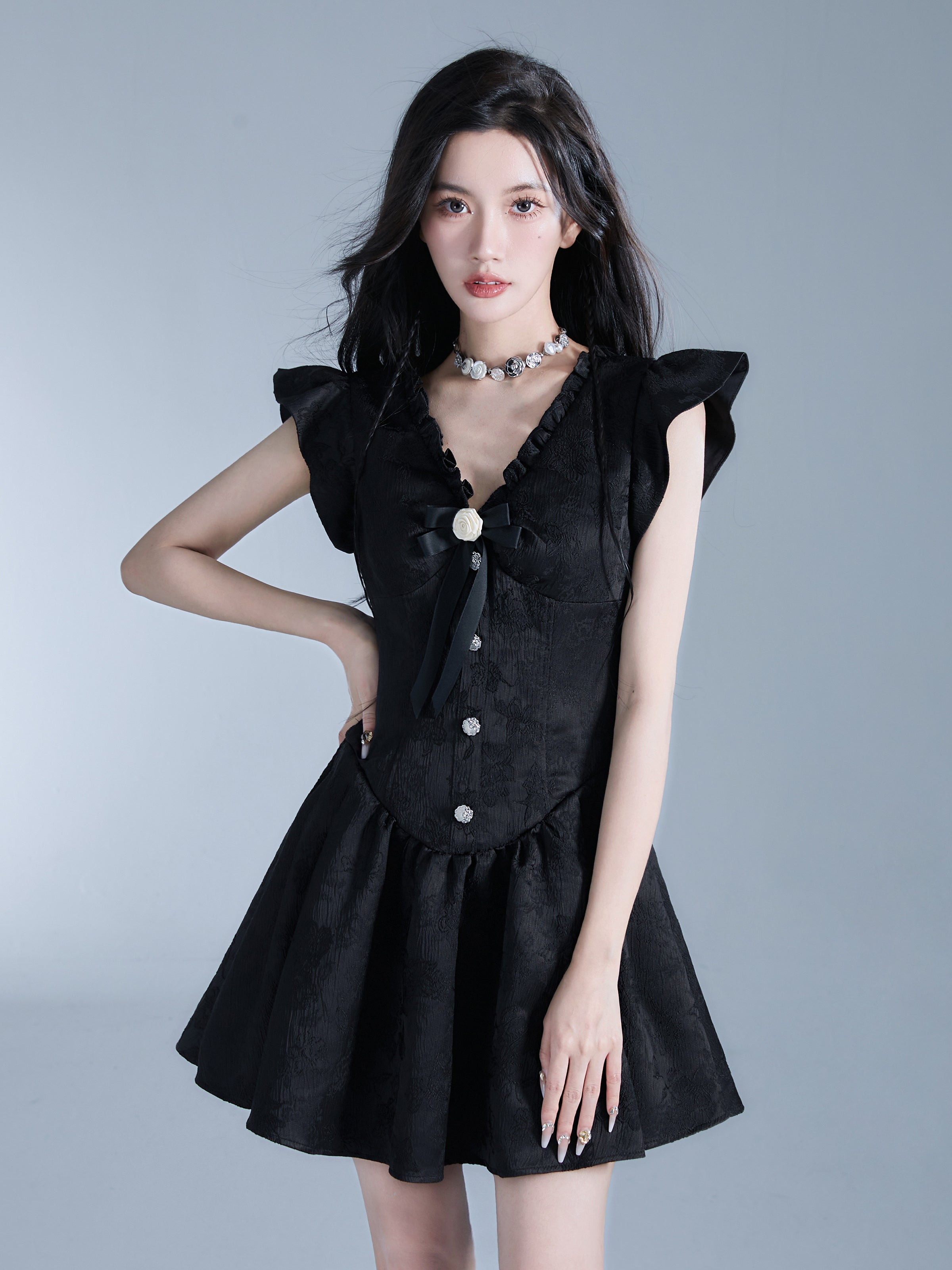 Vintage-Inspired Black Flutter Sleeve Mini Dress with Button Front sneakershuborg