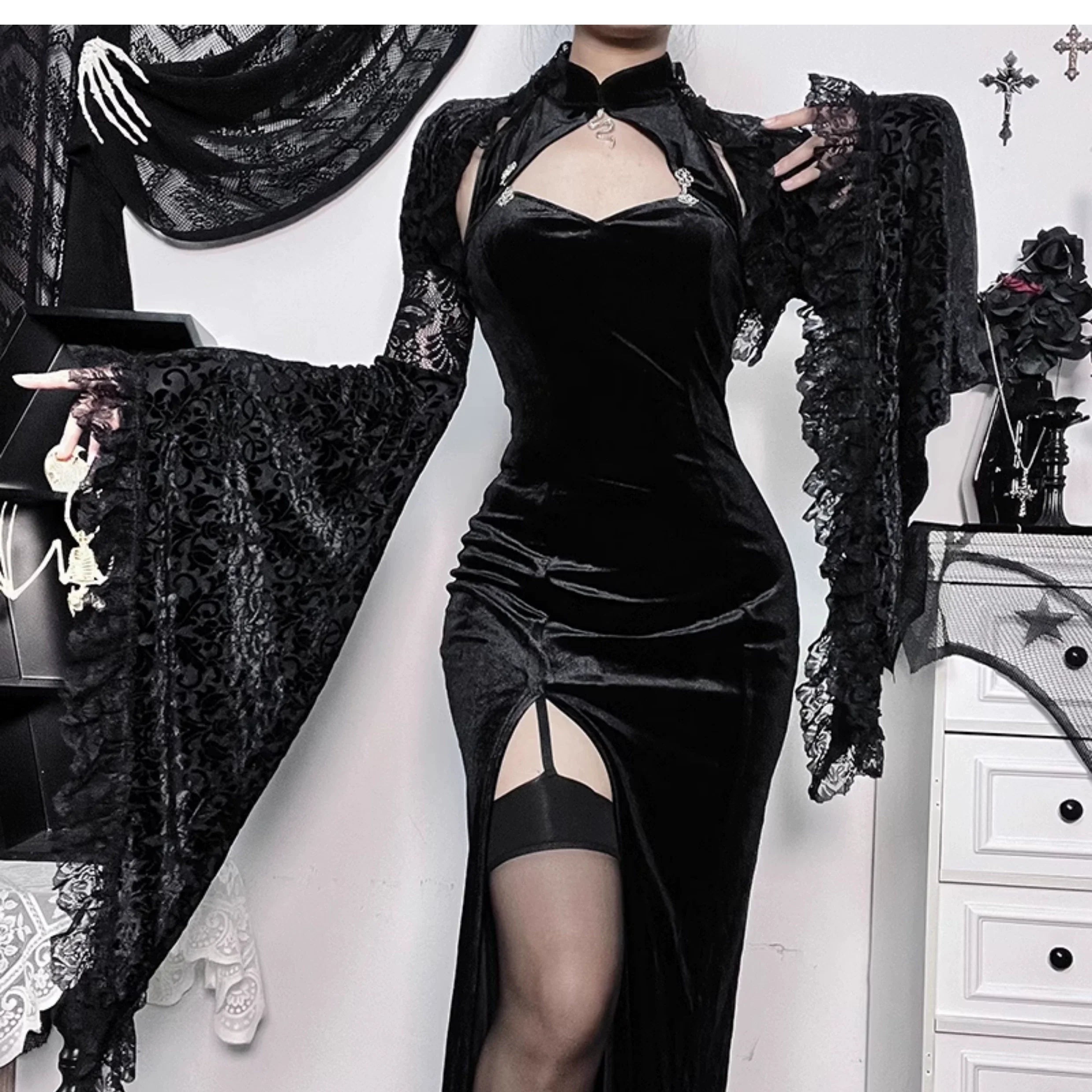 Wannathis Gothic Victorian Velvet Dress Set - Black Lace Bolero Shrug And Long Slit Dress - sneakershuborg