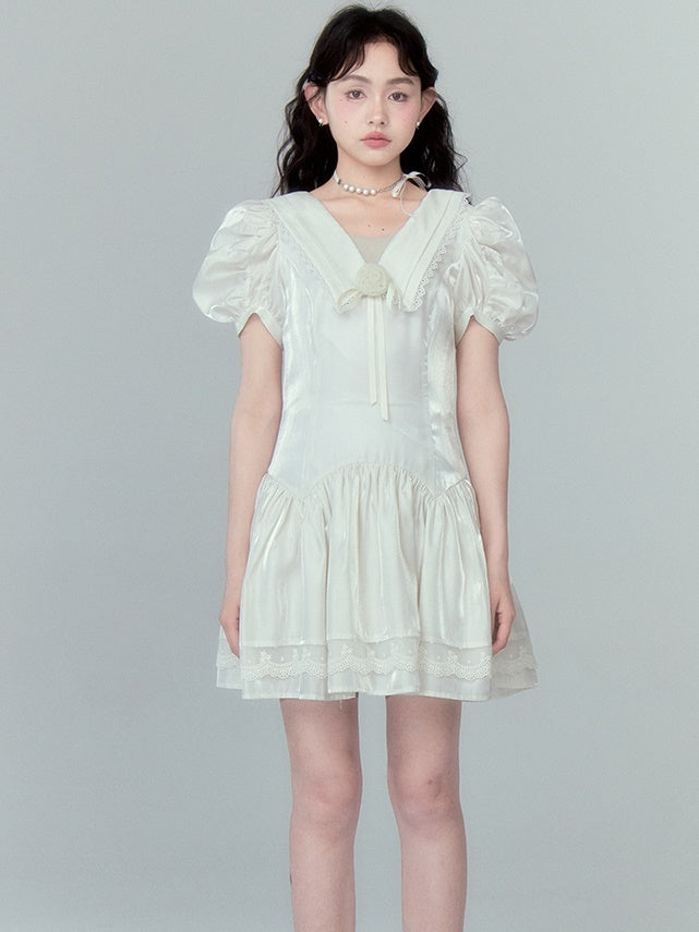 Rose Streamer Puff Sleeve V-Neck Dress - sneakershuborg