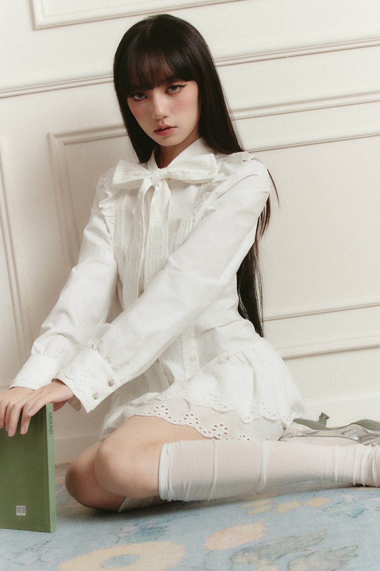 Romantic White Lace Mini Dress with Bow Tie Collar and Scalloped Hem sneakershuborg