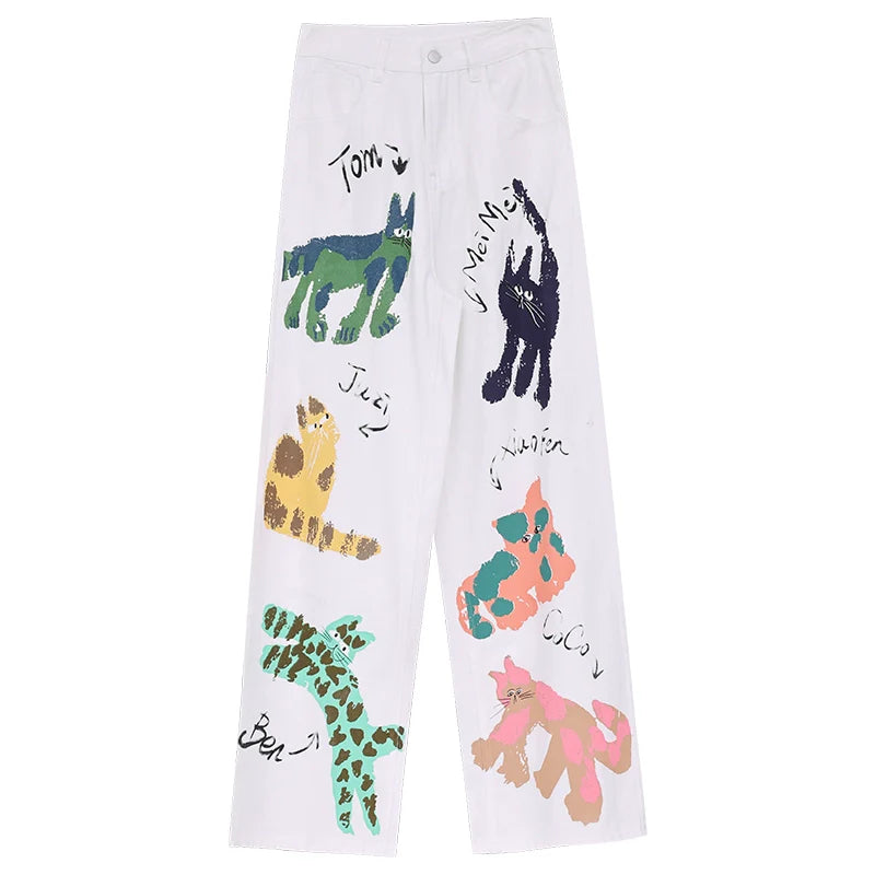 ABWEAR Whimsical Critter Doodle Wide-Leg Jeans sneakershuborg